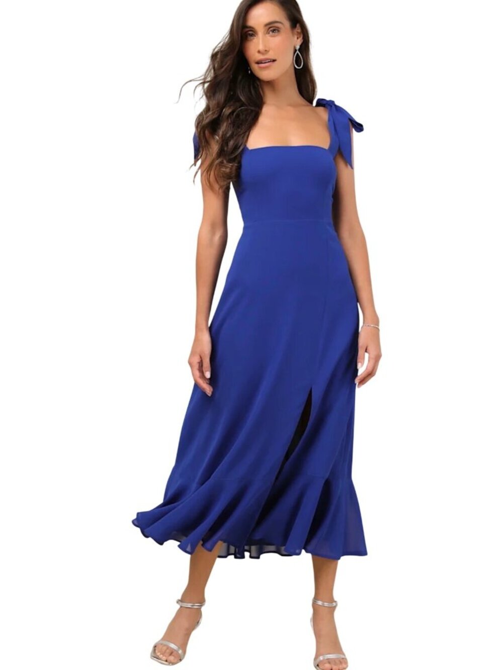 Lulus Summer Invite Royal Blue Tie-Strap Tiered Midi Dress Sz LG Party Event